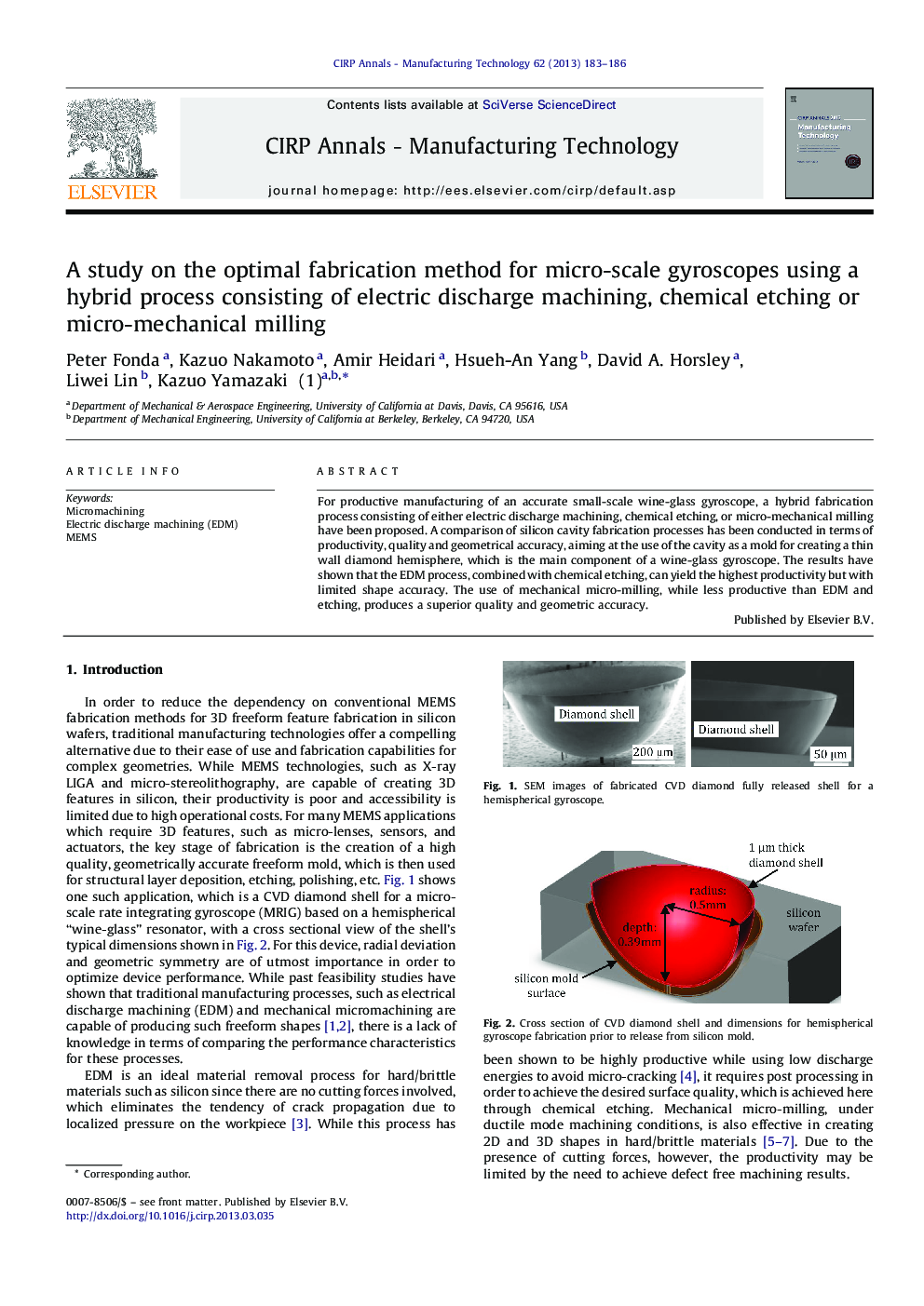 A study on the optimal fabrication method for micro-scale gyroscopes using a hybrid process consisting of electric discharge machining, chemical etching or micro-mechanical milling
