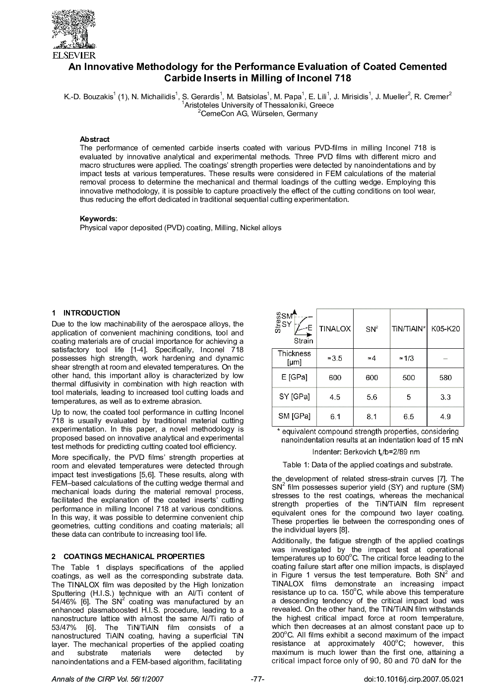 An Innovative Methodology for the Performance Evaluation of Coated Cemented Carbide Inserts in Milling of Inconel 718