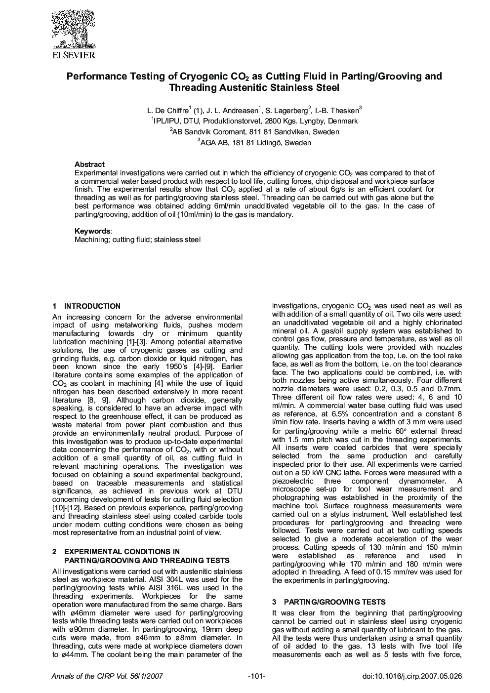 Performance Testing of Cryogenic CO2 as Cutting Fluid in Parting/Grooving and Threading Austenitic Stainless Steel