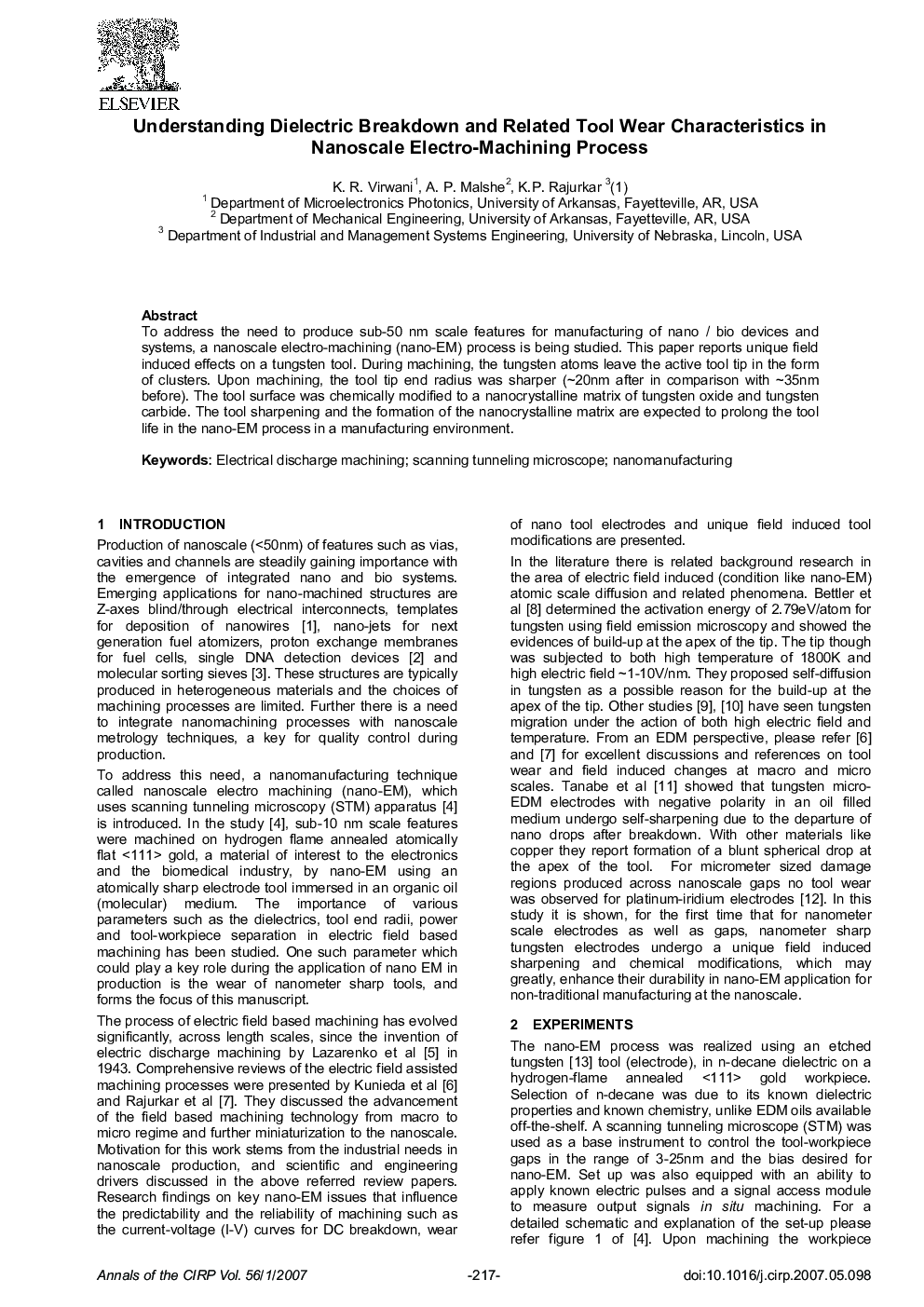 Understanding Dielectric Breakdown and Related Tool Wear Characteristics in Nanoscale Electro-Machining Process