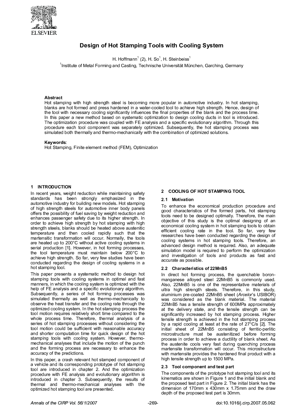 Design of Hot Stamping Tools with Cooling System