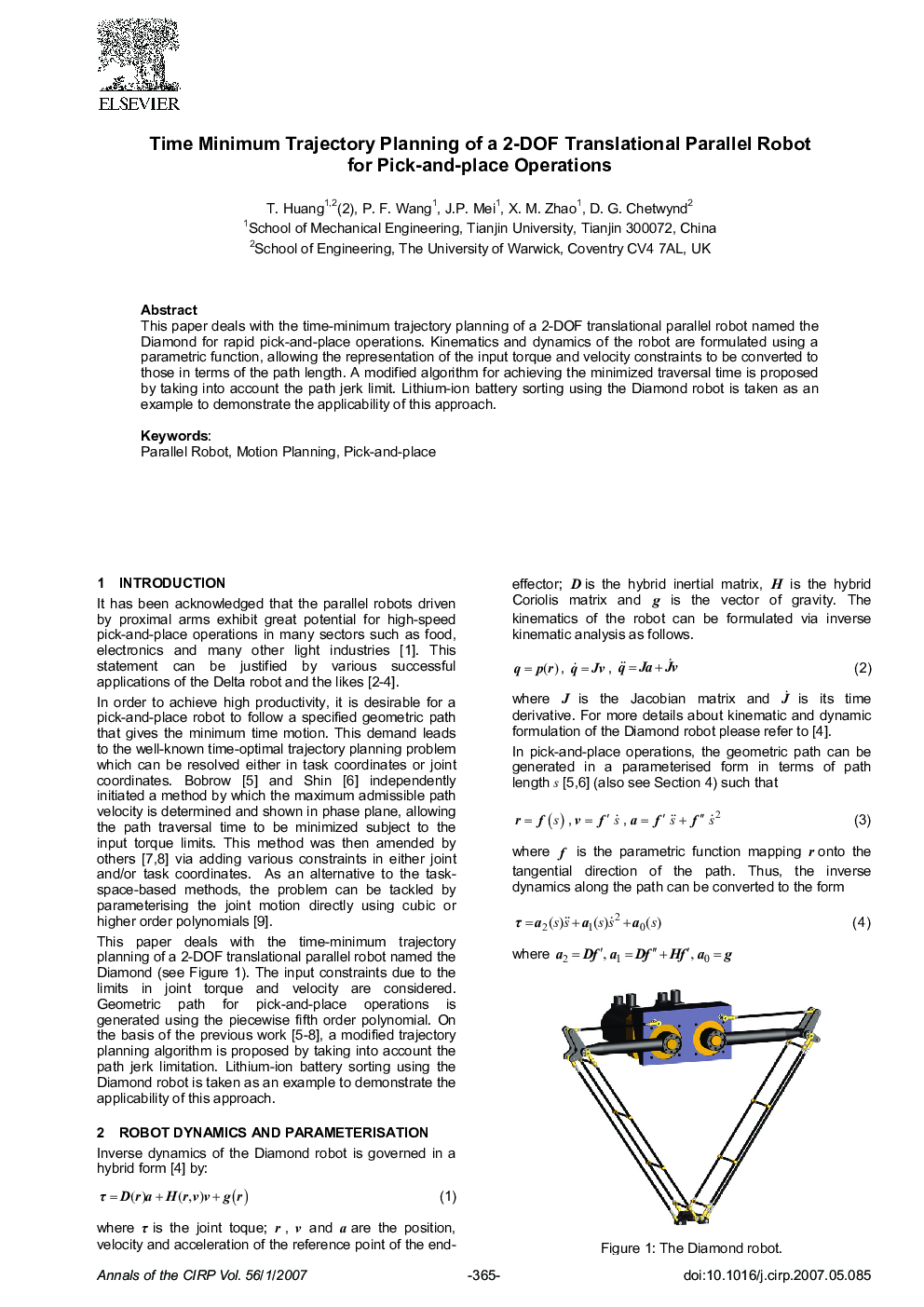 Time Minimum Trajectory Planning of a 2-DOF Translational Parallel Robot for Pick-and-place Operations