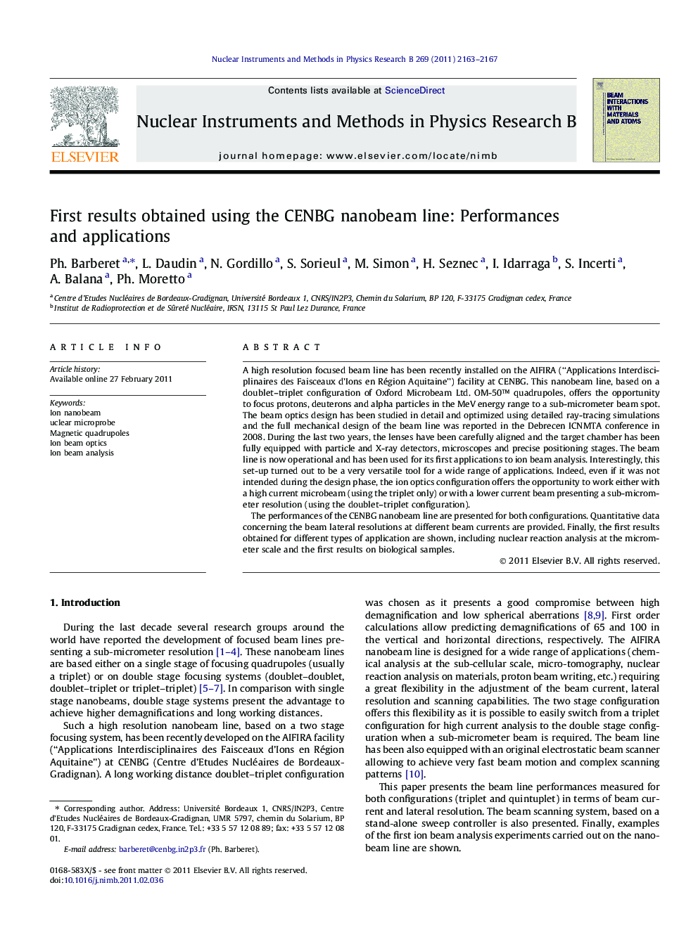 First results obtained using the CENBG nanobeam line: Performances and applications