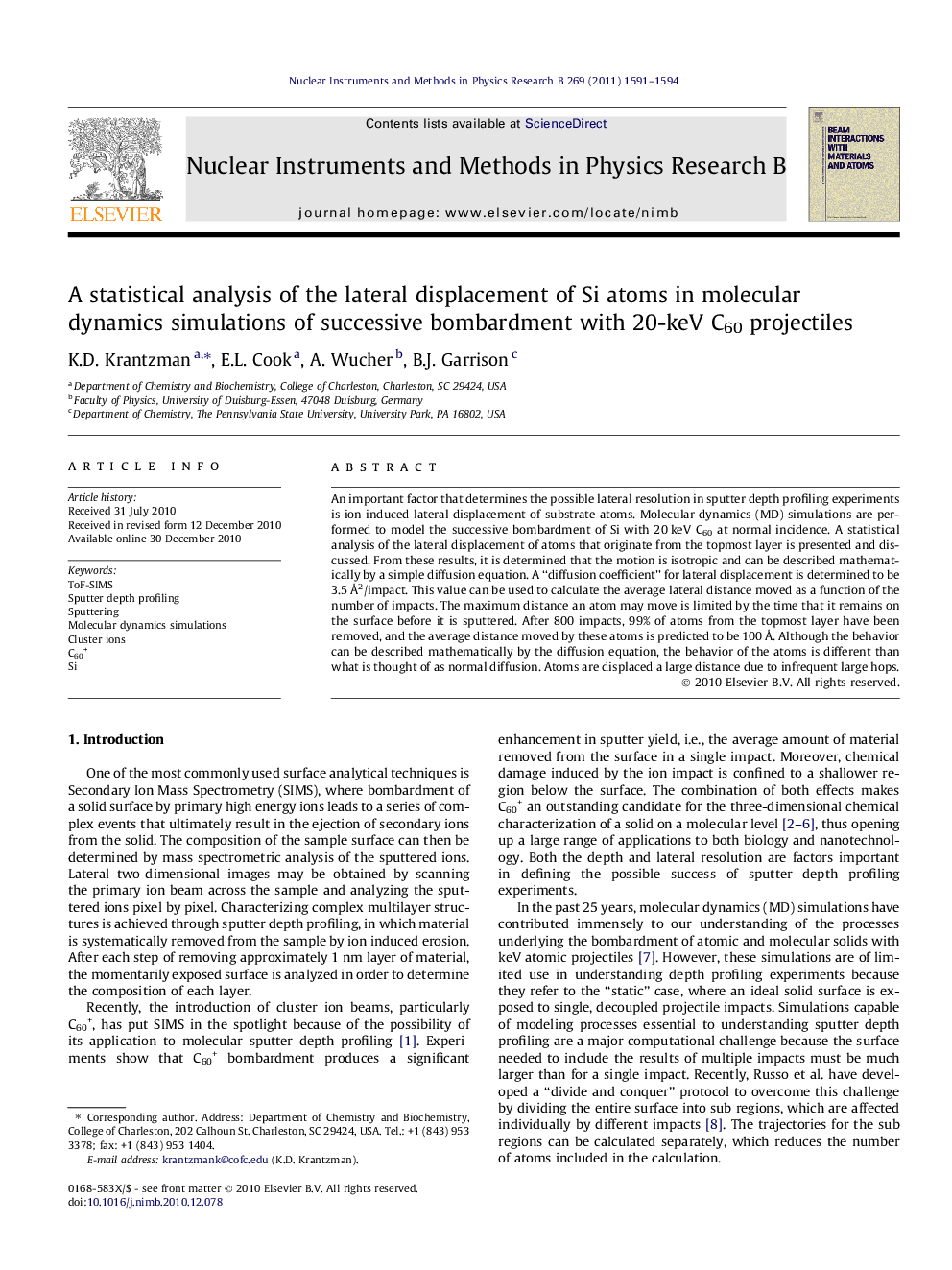 A statistical analysis of the lateral displacement of Si atoms in molecular dynamics simulations of successive bombardment with 20-keV C60 projectiles