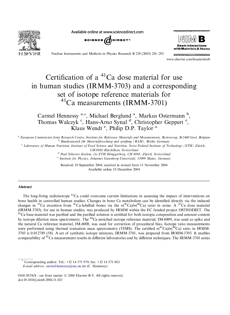 Certification of a 41Ca dose material for use in human studies (IRMM-3703) and a corresponding set of isotope reference materials for 41Ca measurements (IRMM-3701)