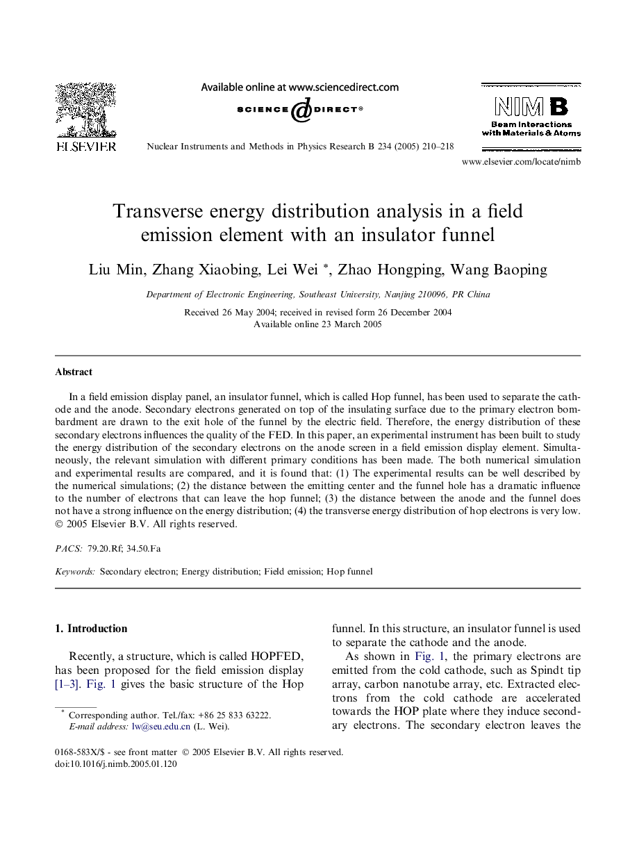 Transverse energy distribution analysis in a field emission element with an insulator funnel