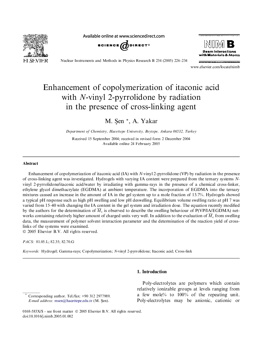 Enhancement of copolymerization of itaconic acid with N-vinyl 2-pyrrolidone by radiation in the presence of cross-linking agent