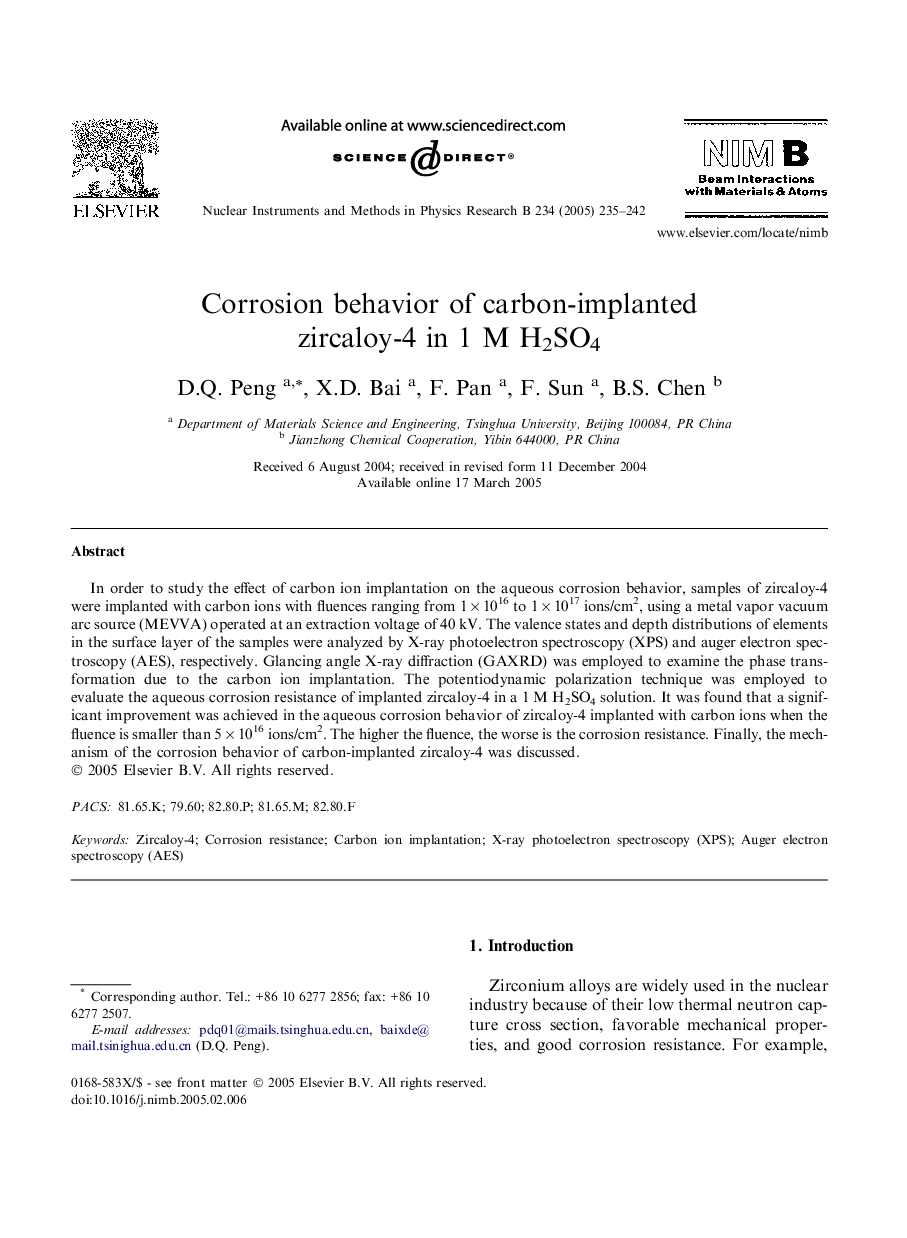 Corrosion behavior of carbon-implanted zircaloy-4 in 1 M H2SO4