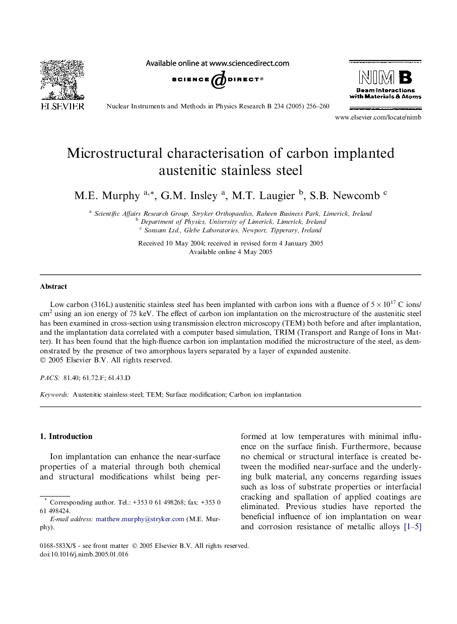 Microstructural characterisation of carbon implanted austenitic stainless steel