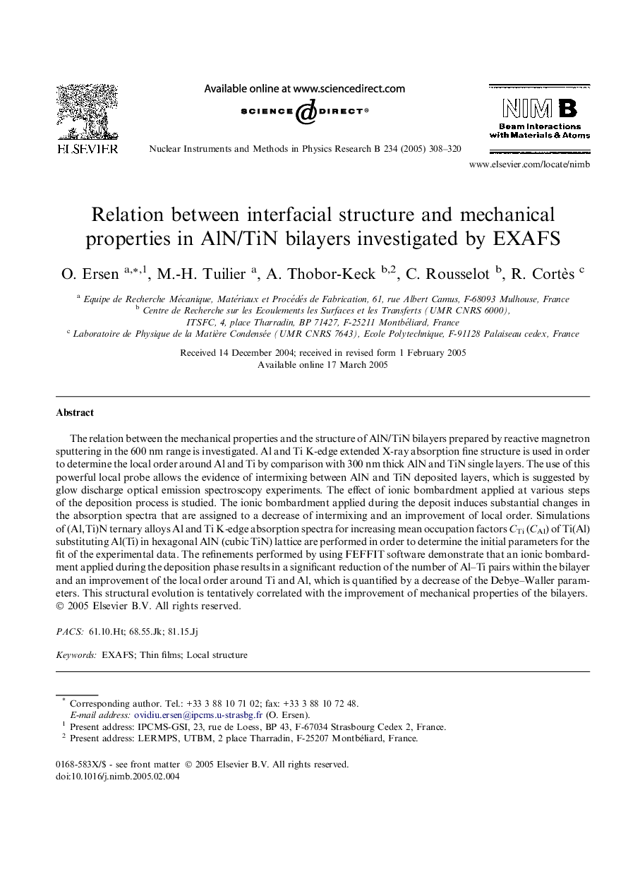 Relation between interfacial structure and mechanical properties in AlN/TiN bilayers investigated by EXAFS