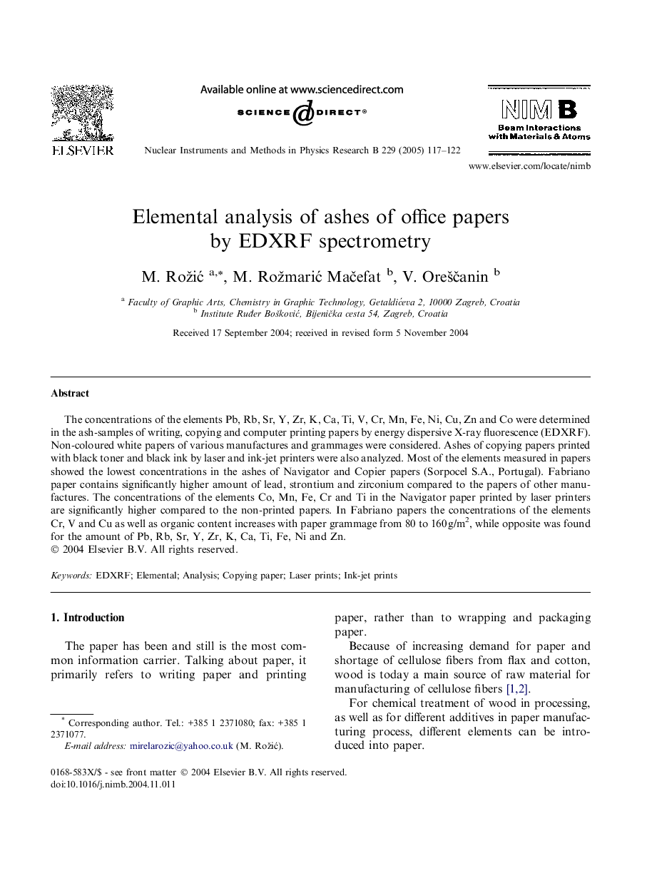 Elemental analysis of ashes of office papers by EDXRF spectrometry