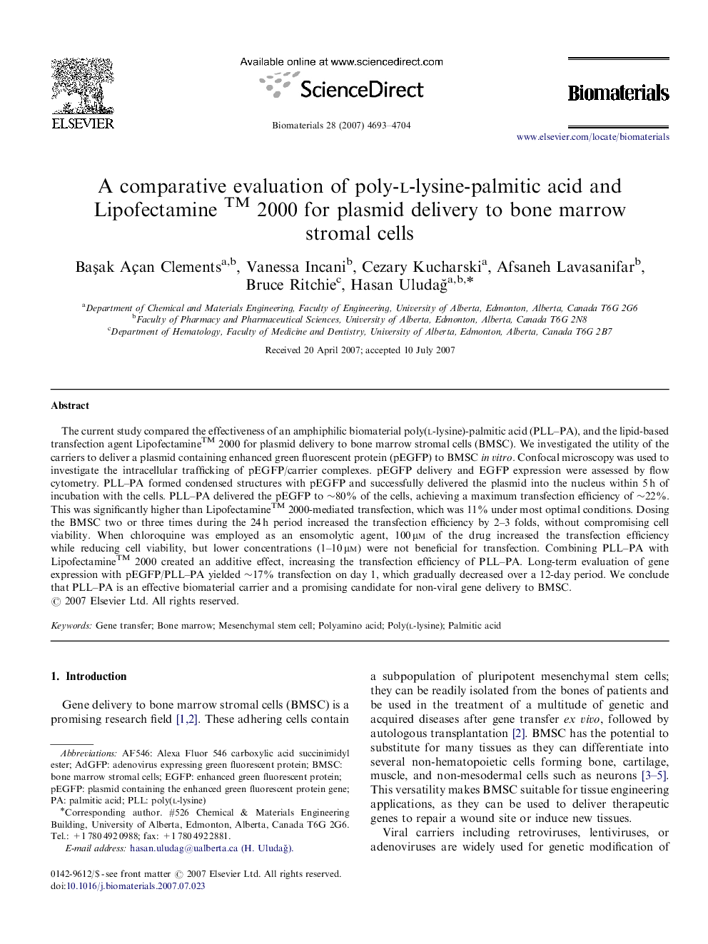 A comparative evaluation of poly-l-lysine-palmitic acid and Lipofectamine ™ 2000 for plasmid delivery to bone marrow stromal cells