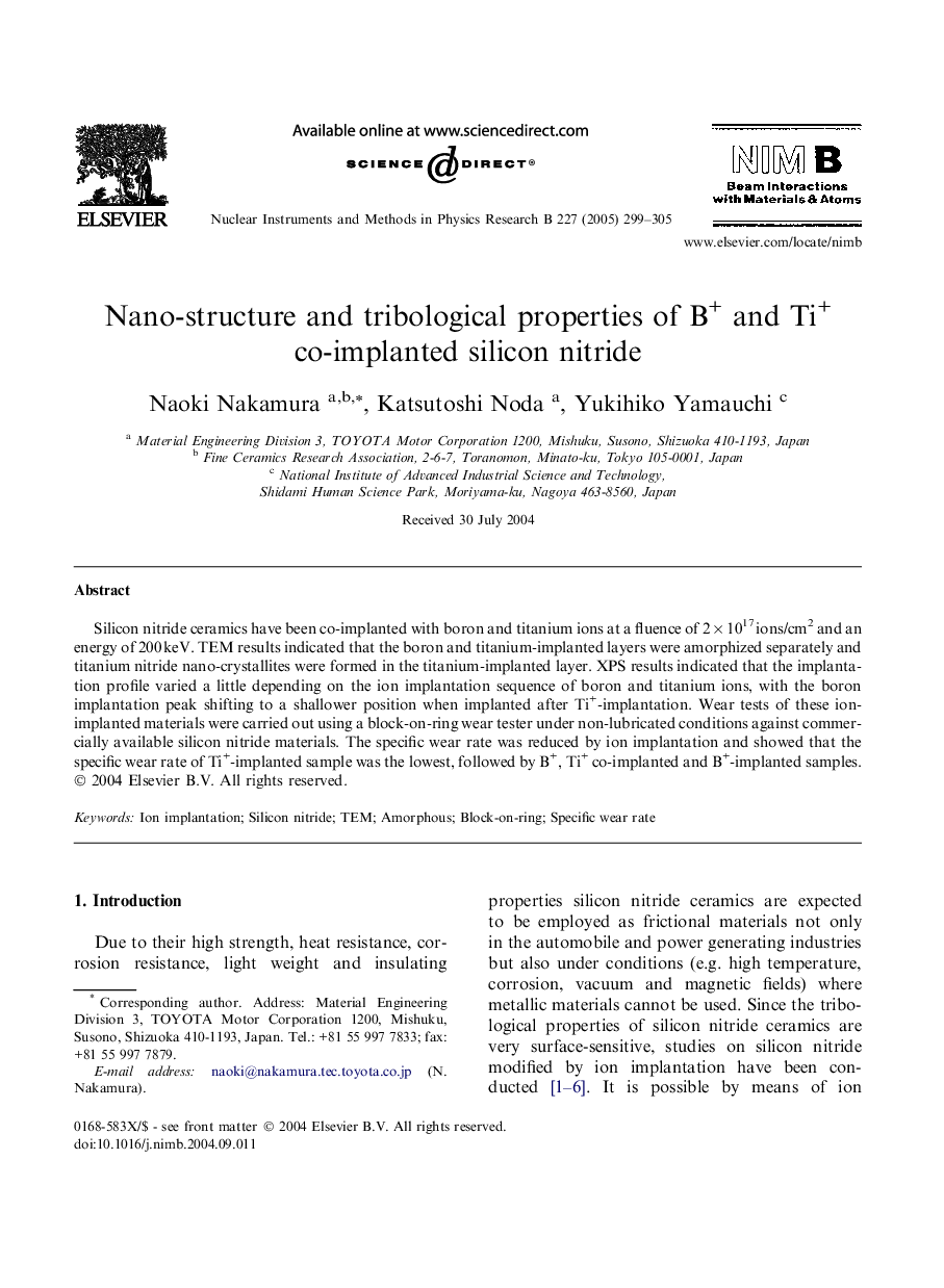 Nano-structure and tribological properties of B+ and Ti+ co-implanted silicon nitride