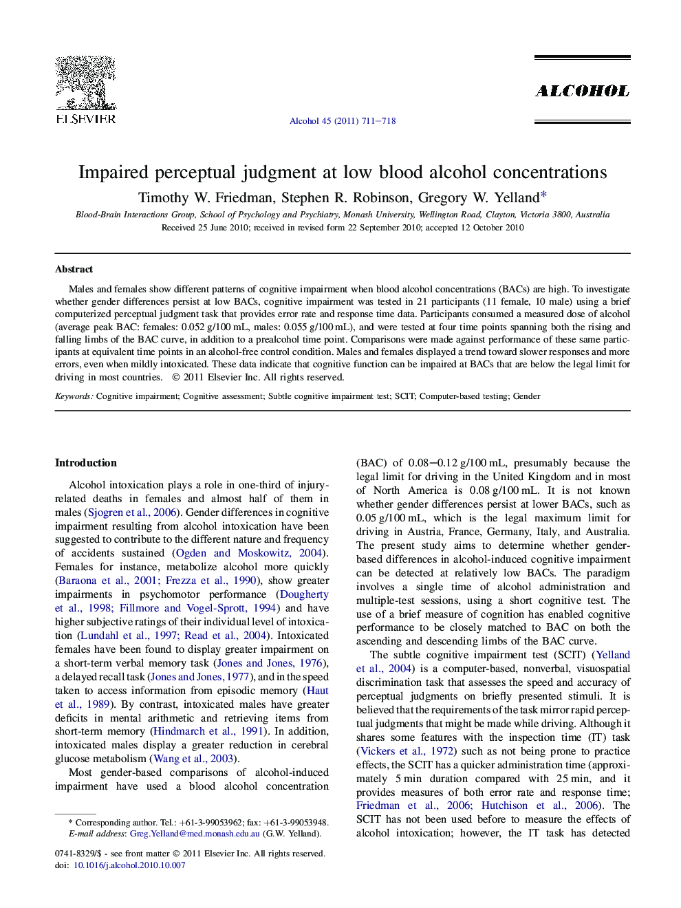 Impaired perceptual judgment at low blood alcohol concentrations