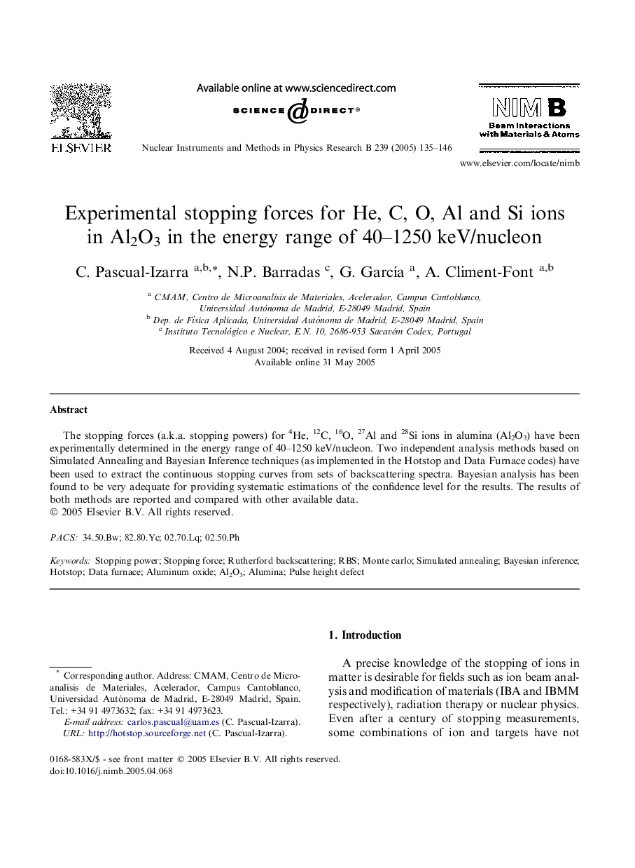 Experimental stopping forces for He, C, O, Al and Si ions in Al2O3 in the energy range of 40-1250Â keV/nucleon