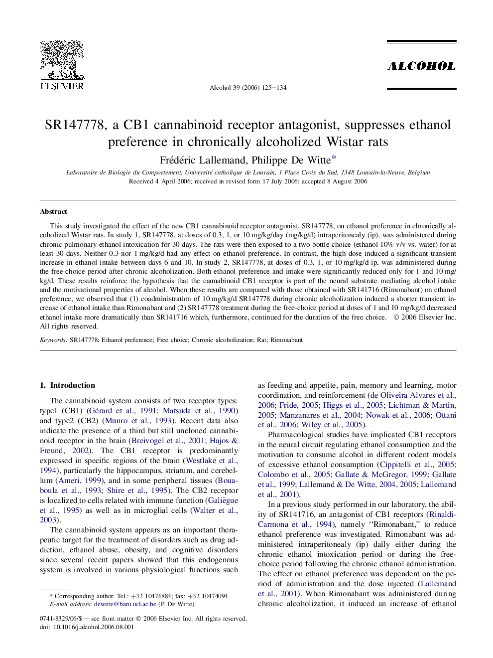 SR147778, a CB1 cannabinoid receptor antagonist, suppresses ethanol preference in chronically alcoholized Wistar rats