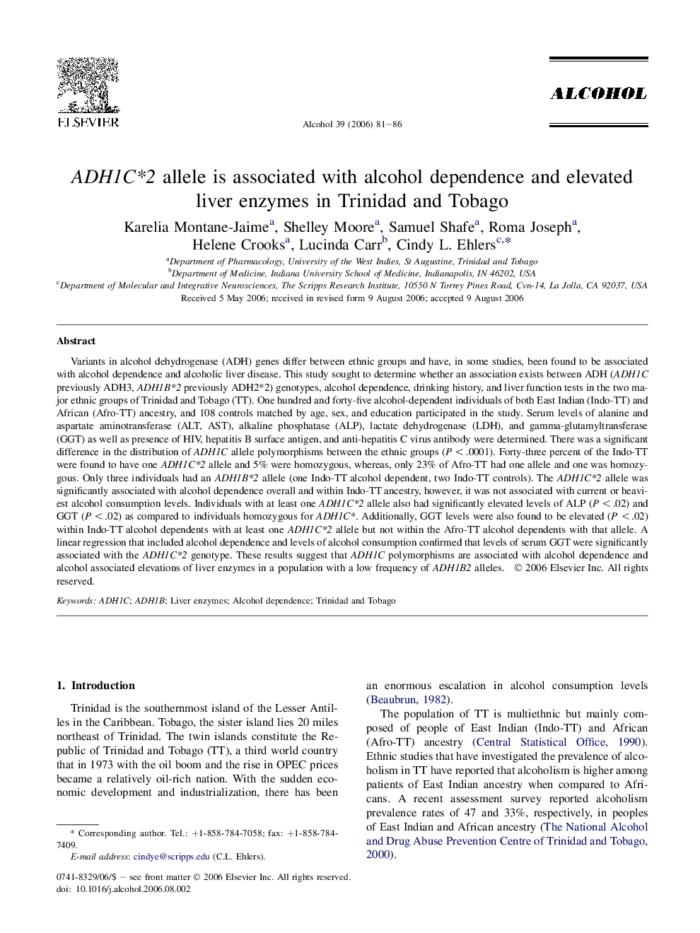 ADH1C*2 allele is associated with alcohol dependence and elevated liver enzymes in Trinidad and Tobago