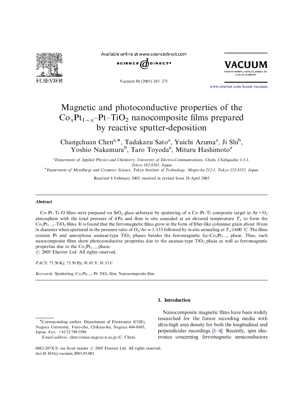 Magnetic and photoconductive properties of the CoxPt1âx-Pt-TiO2 nanocomposite films prepared by reactive sputter-deposition