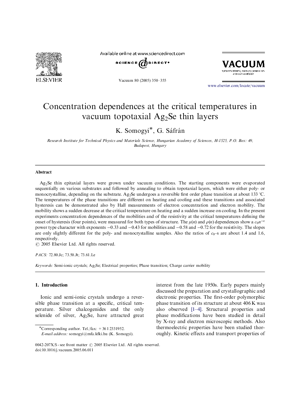 Concentration dependences at the critical temperatures in vacuum topotaxial Ag2Se thin layers