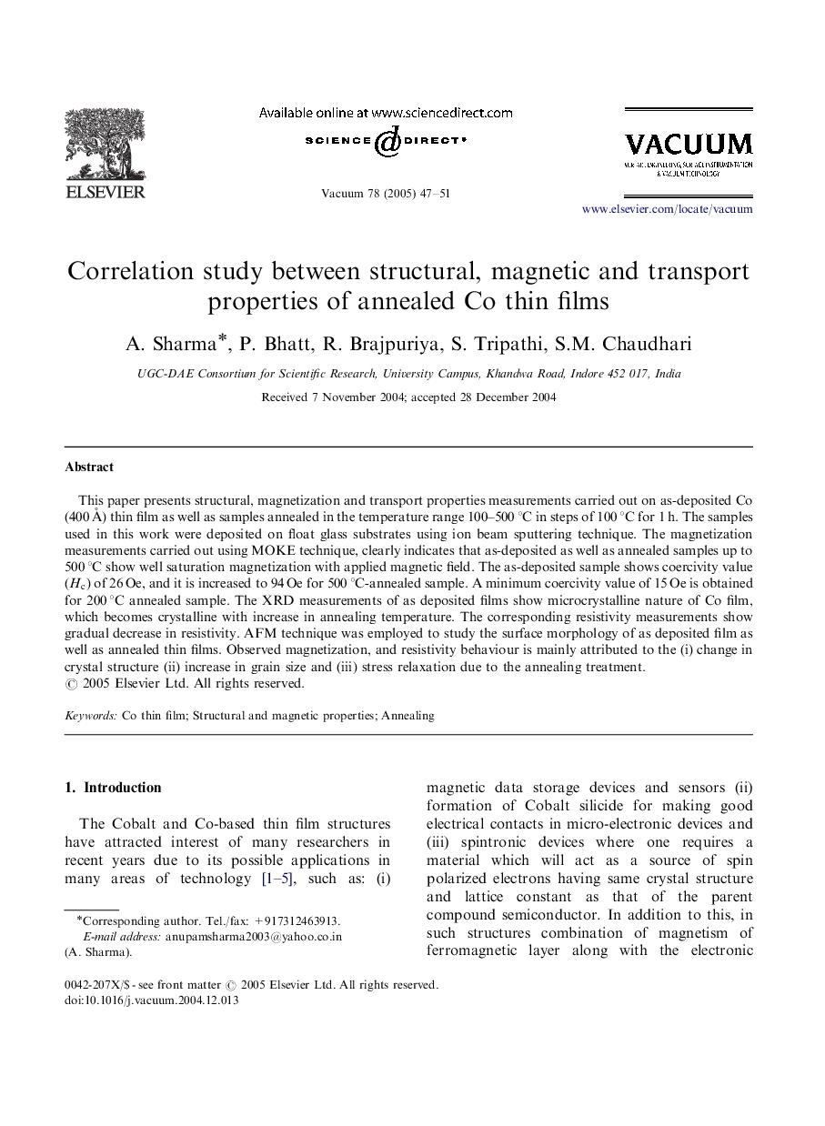 Correlation study between structural, magnetic and transport properties of annealed Co thin films