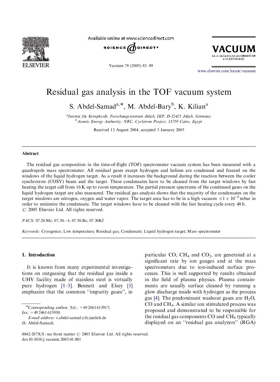 Residual gas analysis in the TOF vacuum system