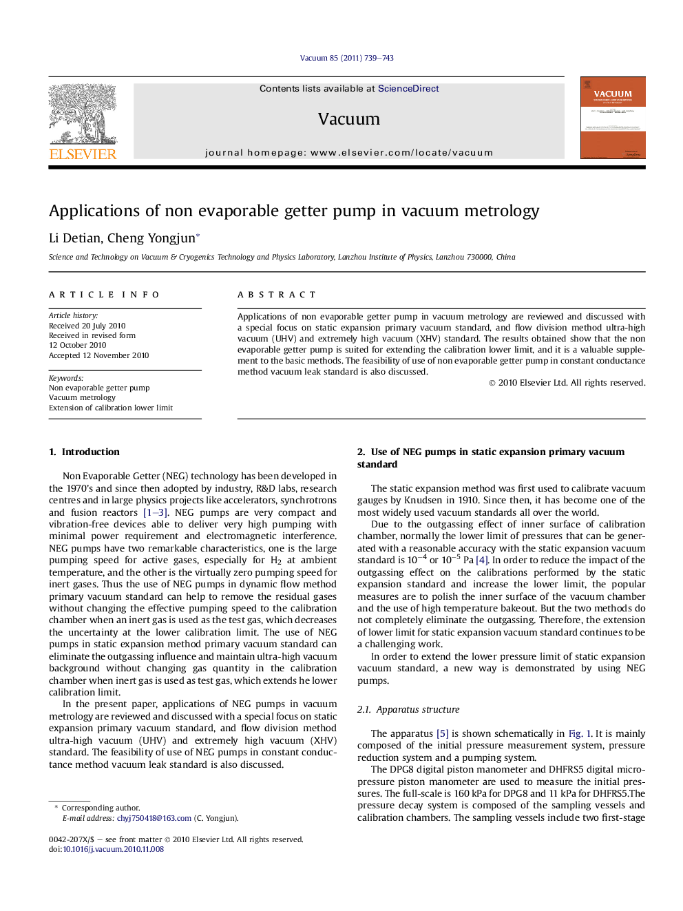 Applications of non evaporable getter pump in vacuum metrology