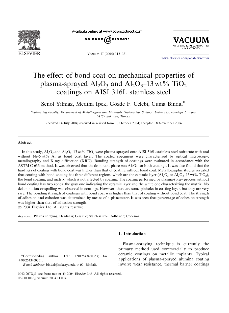 The effect of bond coat on mechanical properties of plasma-sprayed Al2O3 and Al2O3-13Â wt% TiO2 coatings on AISI 316L stainless steel