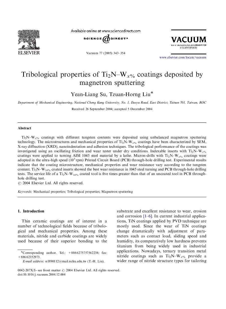 Tribological properties of Ti2N-Wx% coatings deposited by magnetron sputtering