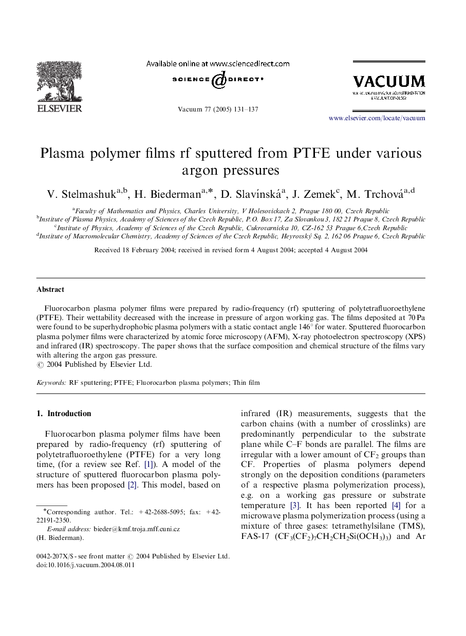 Plasma polymer films rf sputtered from PTFE under various argon pressures