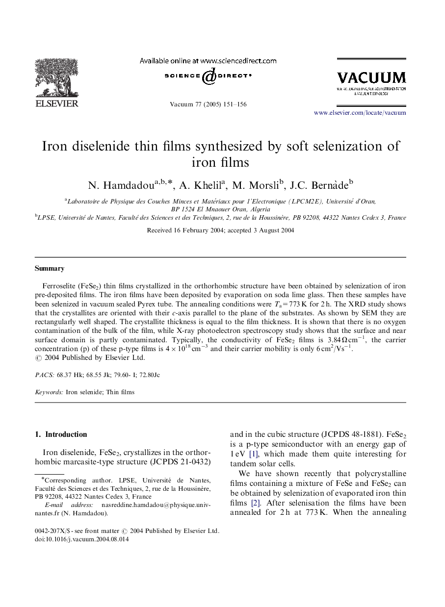 Iron diselenide thin films synthesized by soft selenization of iron films