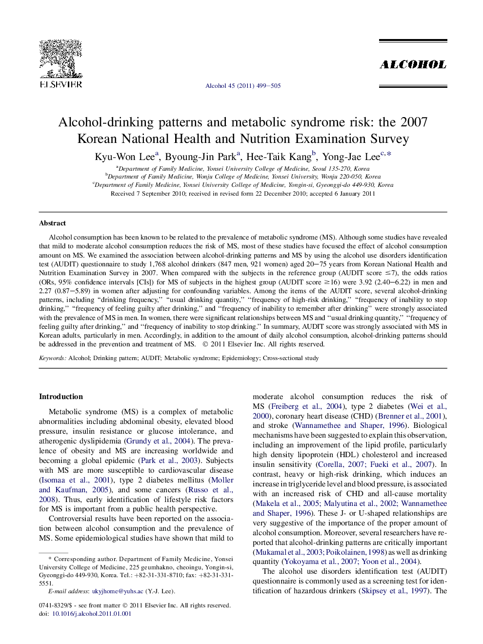 Alcohol-drinking patterns and metabolic syndrome risk: the 2007 Korean National Health and Nutrition Examination Survey