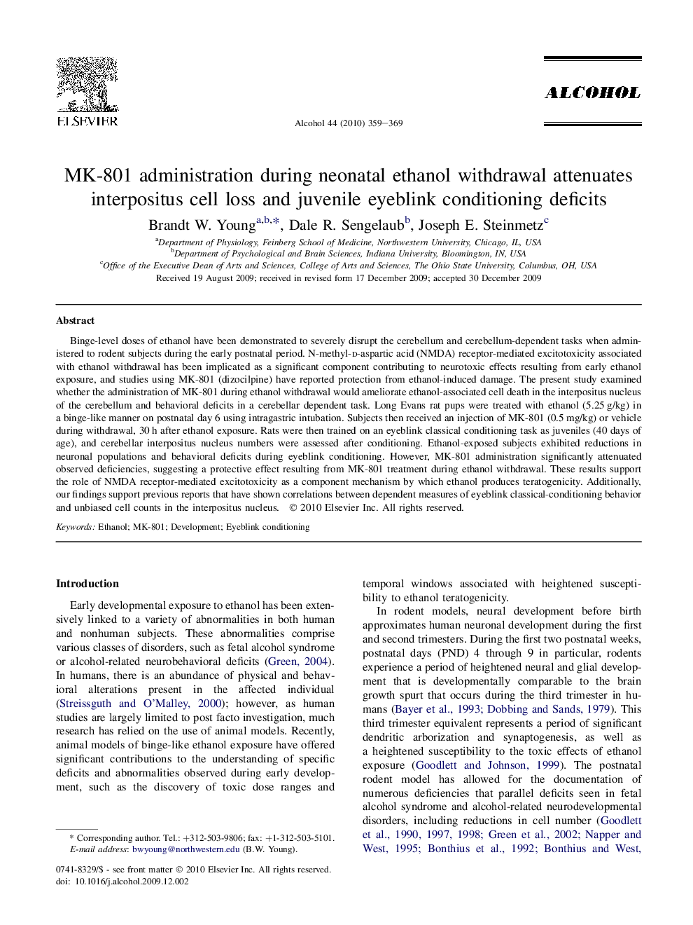 MK-801 administration during neonatal ethanol withdrawal attenuates interpositus cell loss and juvenile eyeblink conditioning deficits