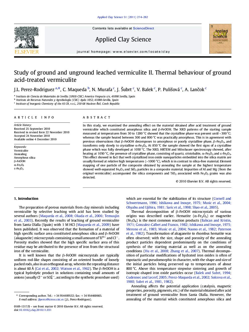 Study of ground and unground leached vermiculite II. Thermal behaviour of ground acid-treated vermiculite