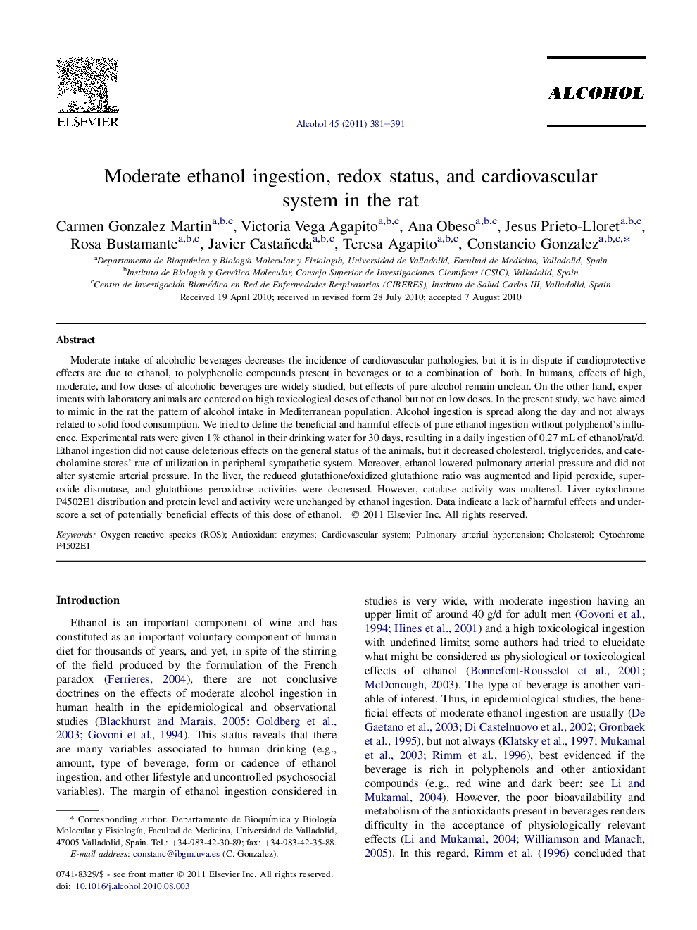 Moderate ethanol ingestion, redox status, and cardiovascular system in the rat