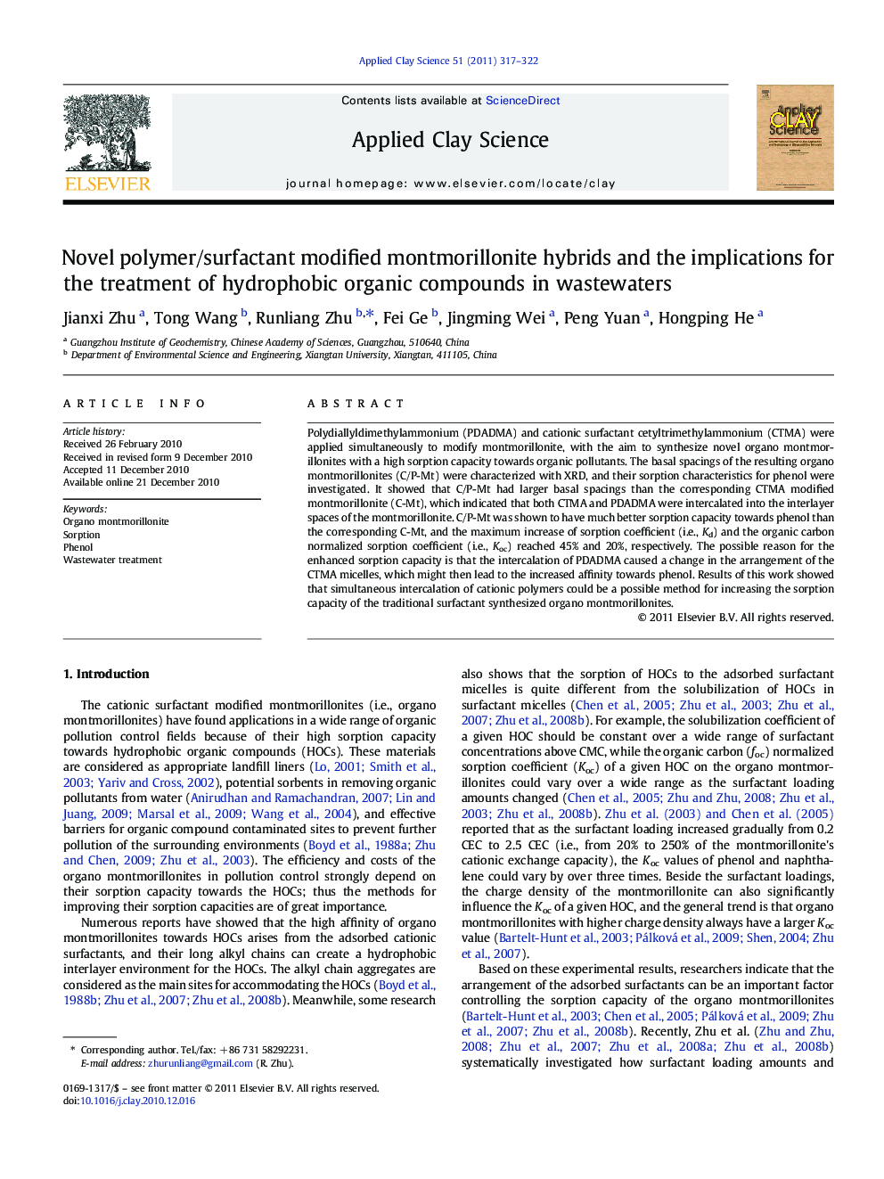 Novel polymer/surfactant modified montmorillonite hybrids and the implications for the treatment of hydrophobic organic compounds in wastewaters