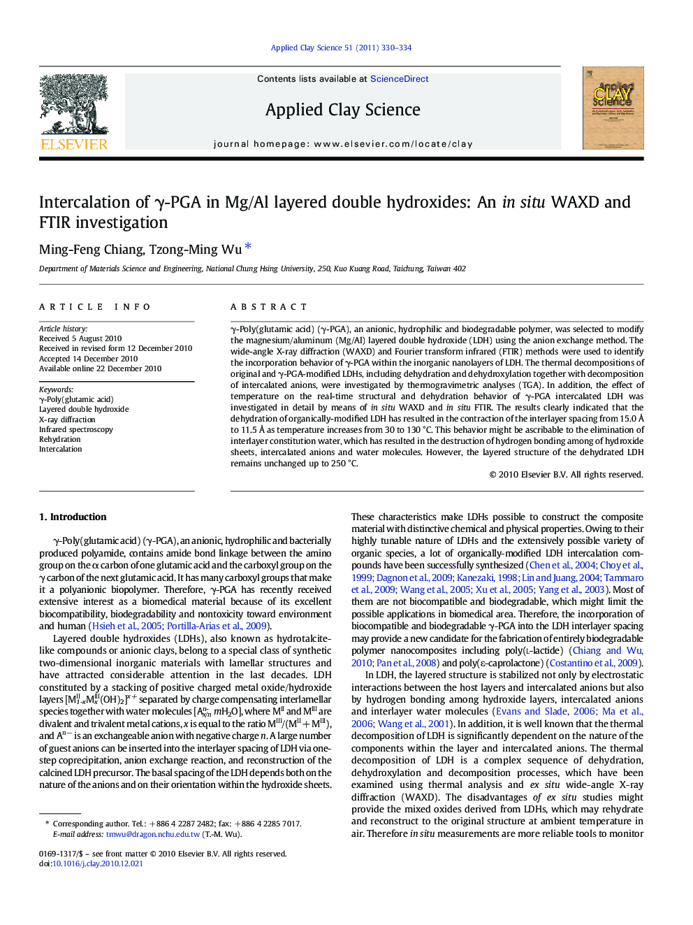 Intercalation of Î³-PGA in Mg/Al layered double hydroxides: An in situ WAXD and FTIR investigation