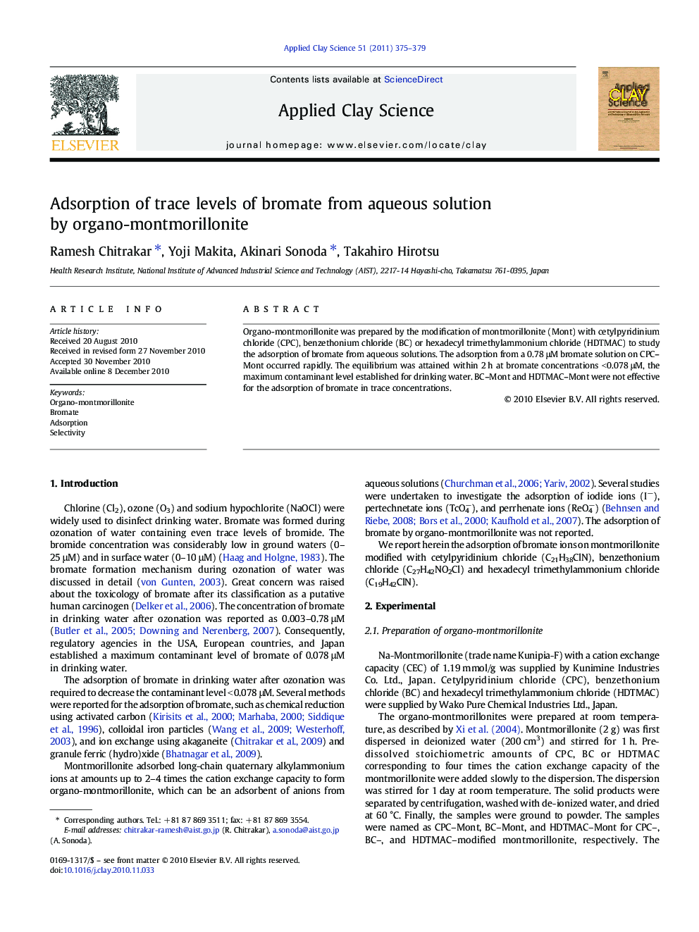 Adsorption of trace levels of bromate from aqueous solution by organo-montmorillonite