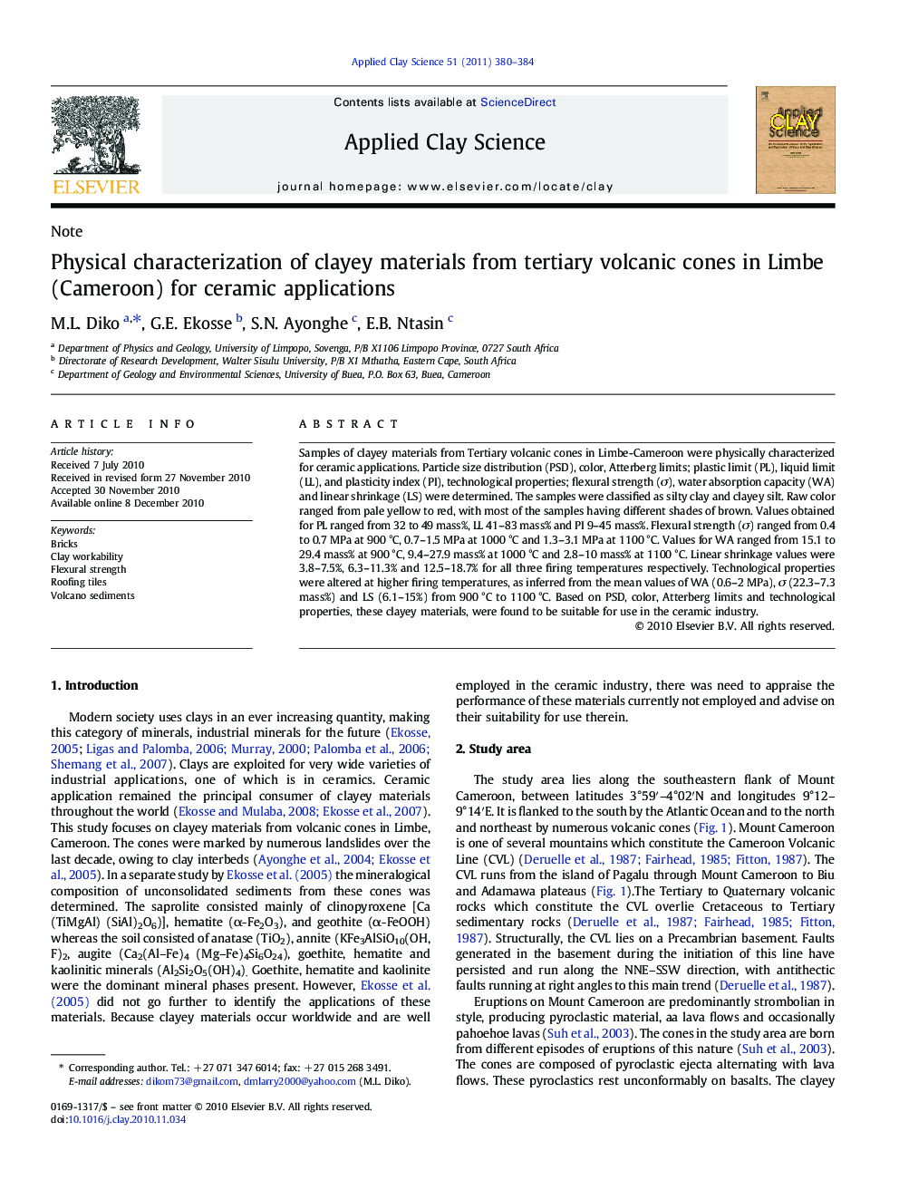 Physical characterization of clayey materials from tertiary volcanic cones in Limbe (Cameroon) for ceramic applications