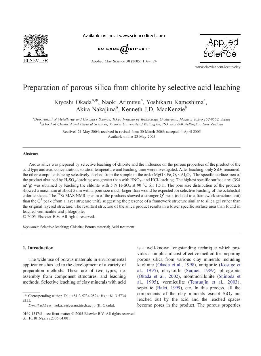 Preparation of porous silica from chlorite by selective acid leaching