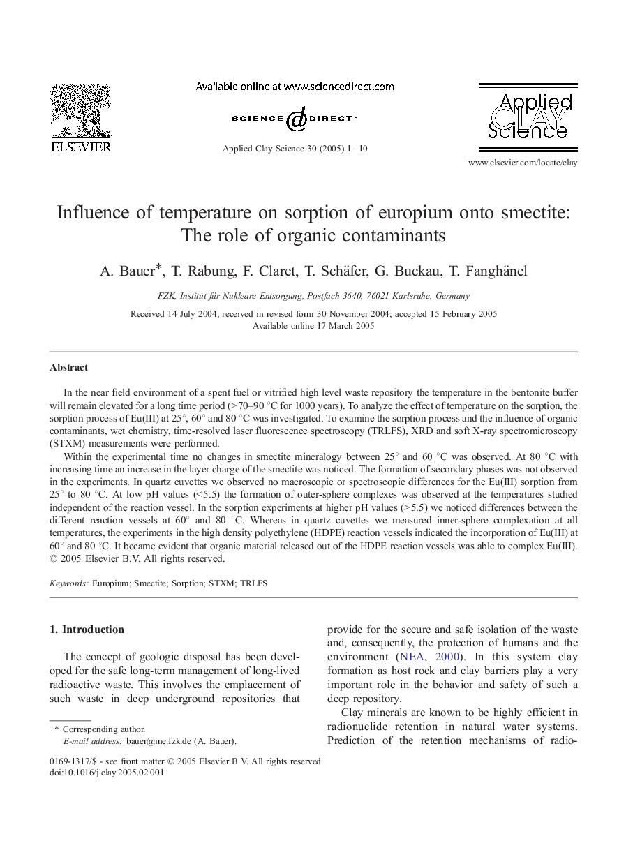 Influence of temperature on sorption of europium onto smectite: The role of organic contaminants