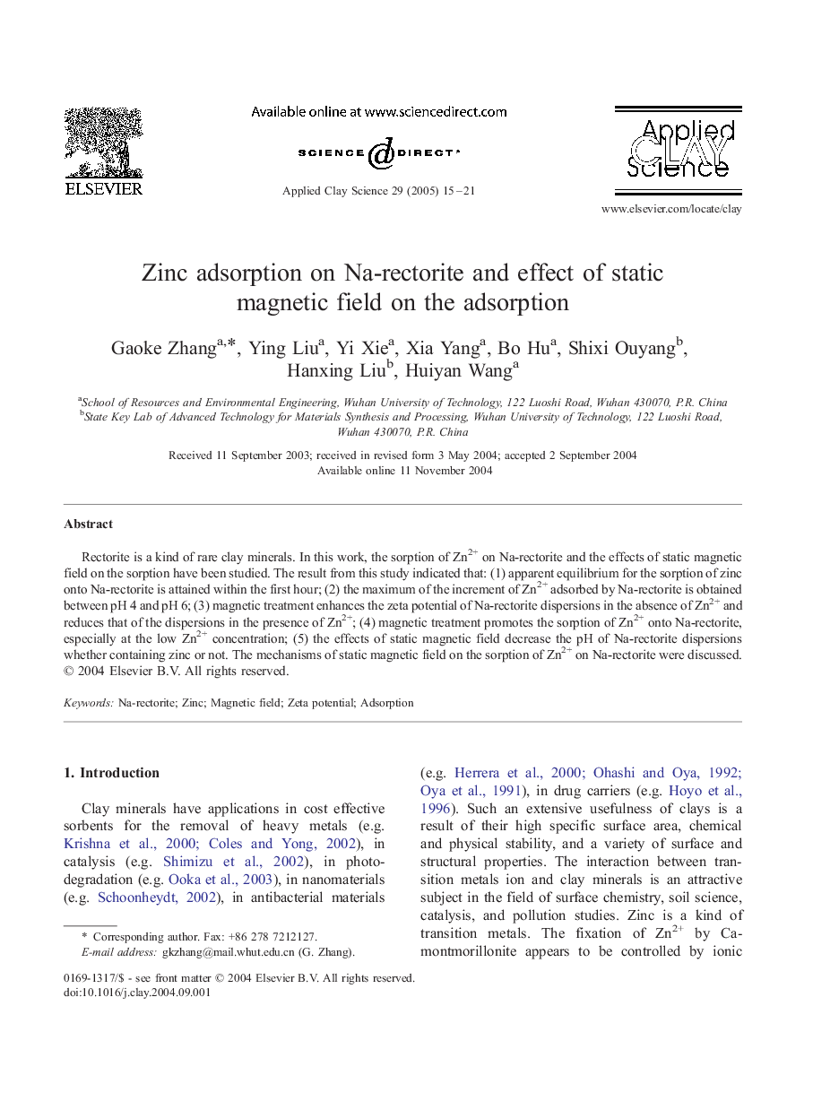 Zinc adsorption on Na-rectorite and effect of static magnetic field on the adsorption