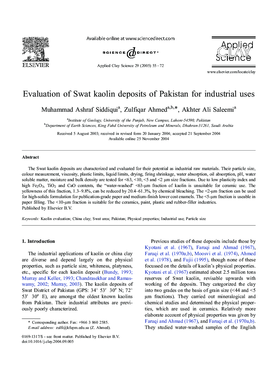 Evaluation of Swat kaolin deposits of Pakistan for industrial uses