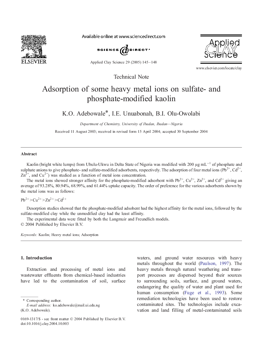 Adsorption of some heavy metal ions on sulfate- and phosphate-modified kaolin