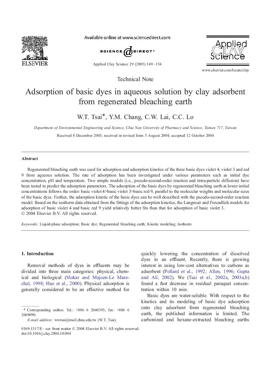 Adsorption of basic dyes in aqueous solution by clay adsorbent from regenerated bleaching earth