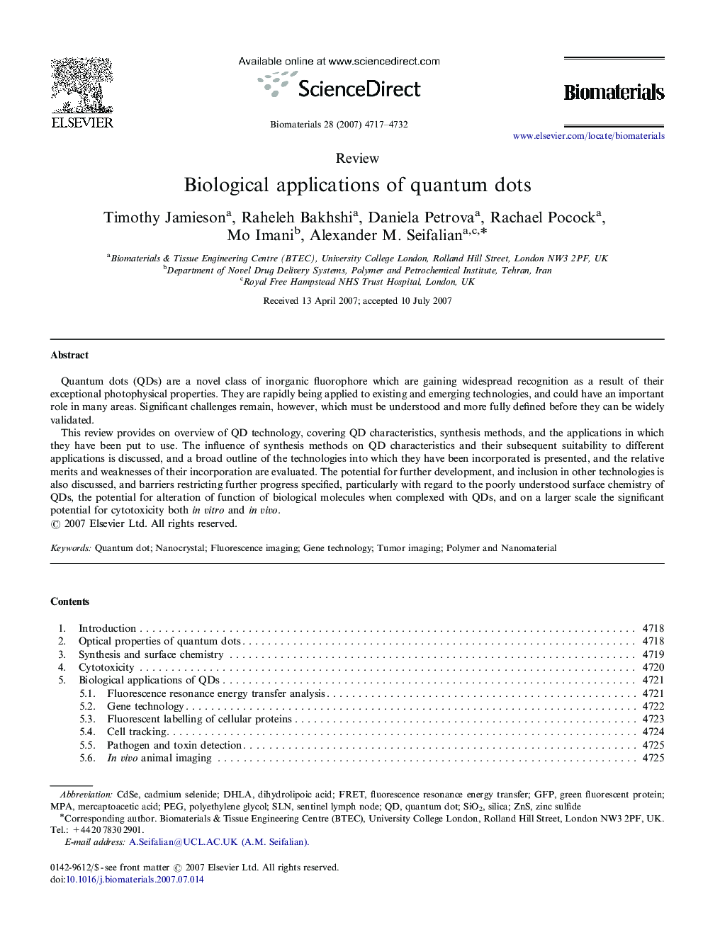 Biological applications of quantum dots