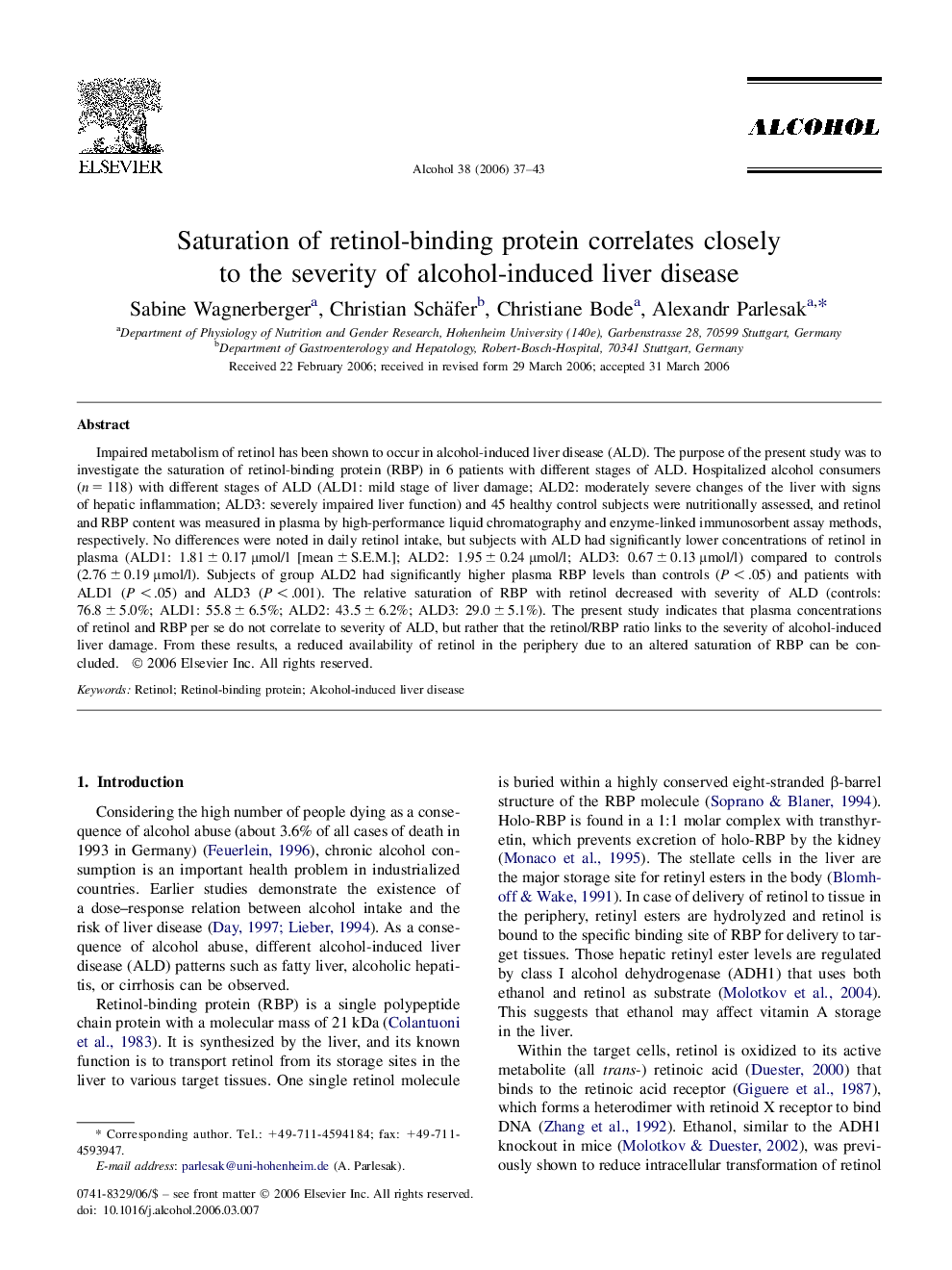 Saturation of retinol-binding protein correlates closely to the severity of alcohol-induced liver disease