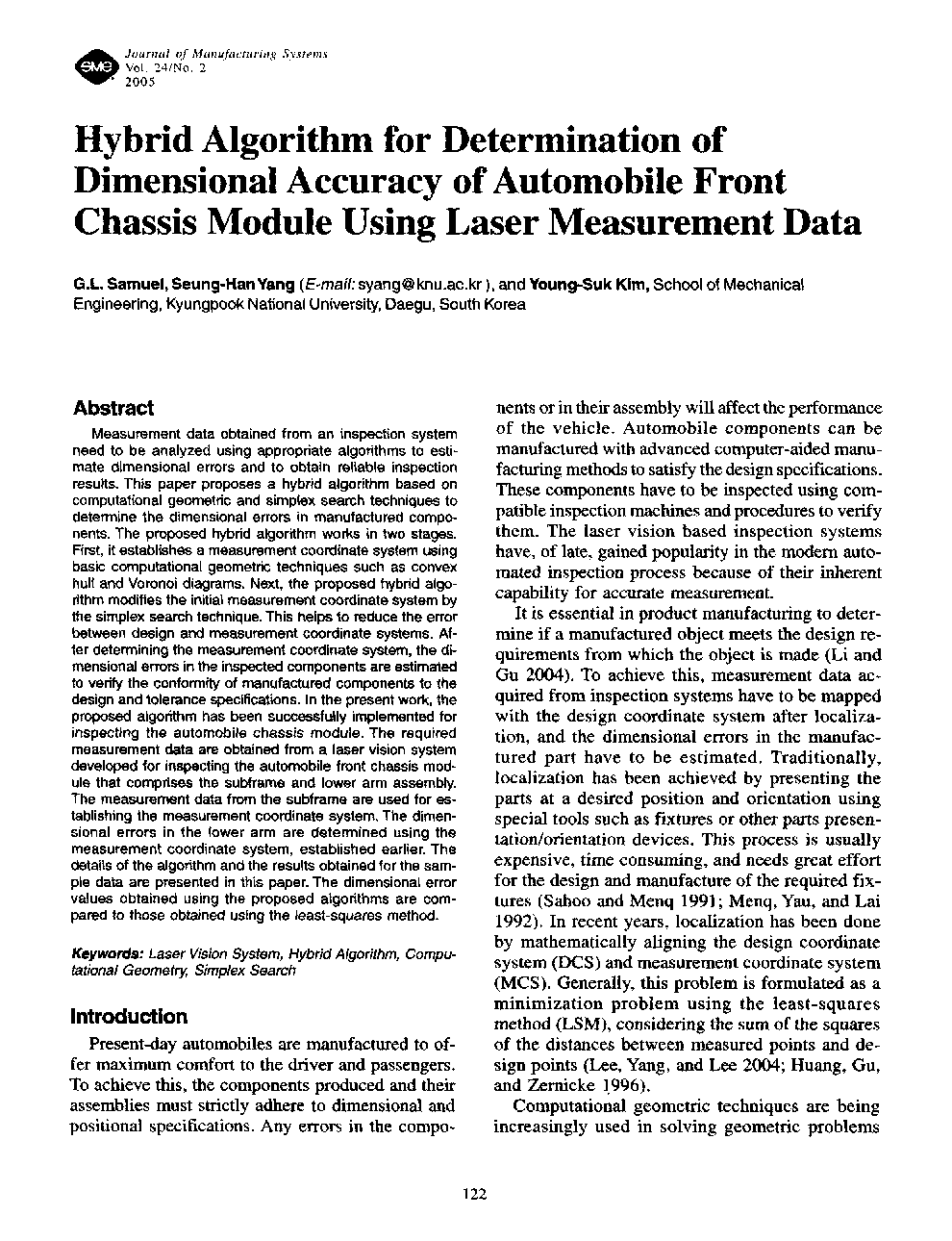Hybrid algorithm for determination of dimensional accuracy of automobile front chassis module using laser measurement data