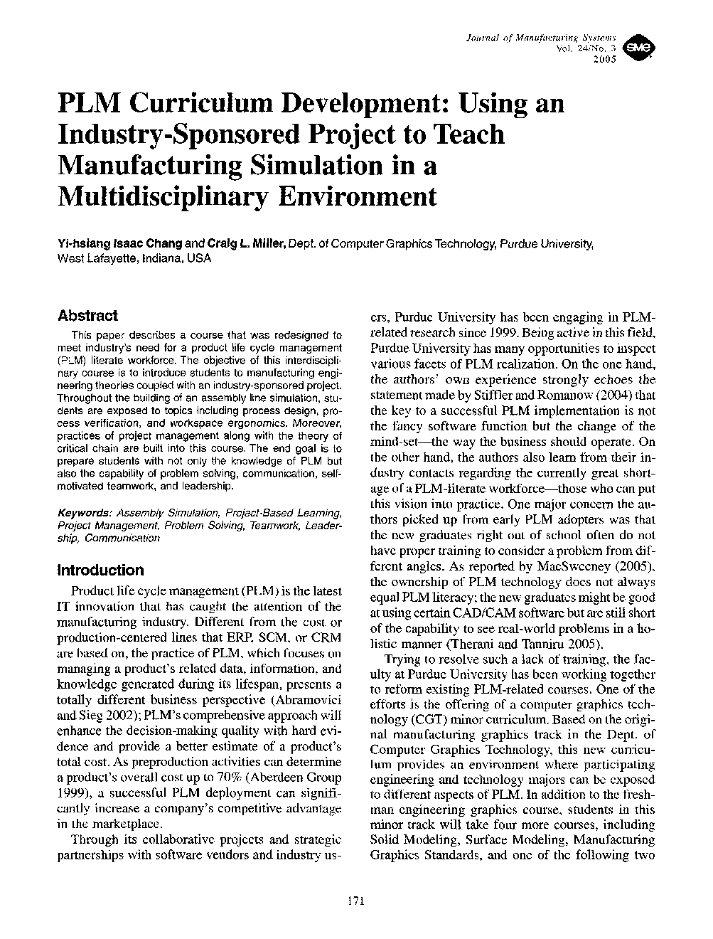 PLM curriculum development: Using an industry-sponsored project to teach manufacturing simulation in a multidisciplinary environment