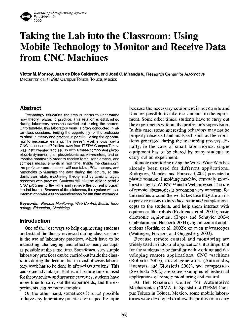 Taking the lab into the classroom: Using mobile technology to monitor and receive data from CNC machines