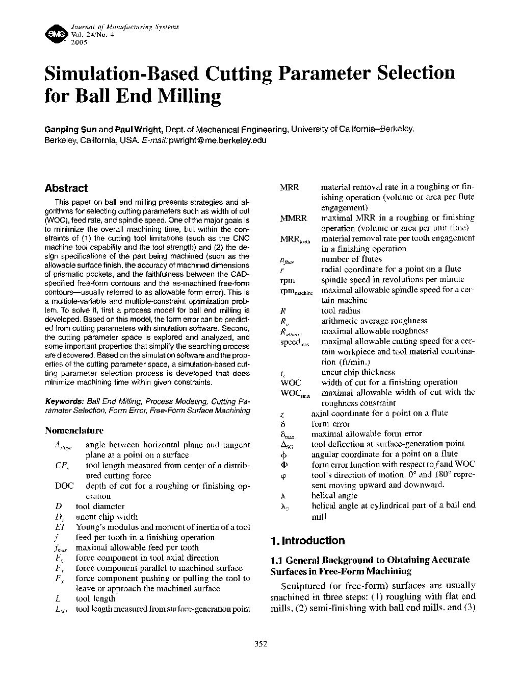 Simulation-based cutting parameter selection for ball end milling